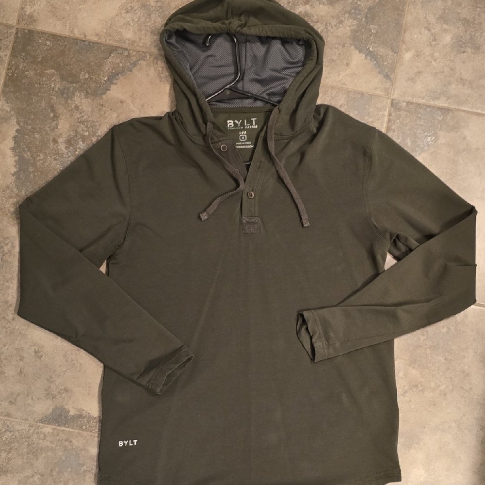 Men's BYLT LUX drop Cut Olive Green Hooded Shirt